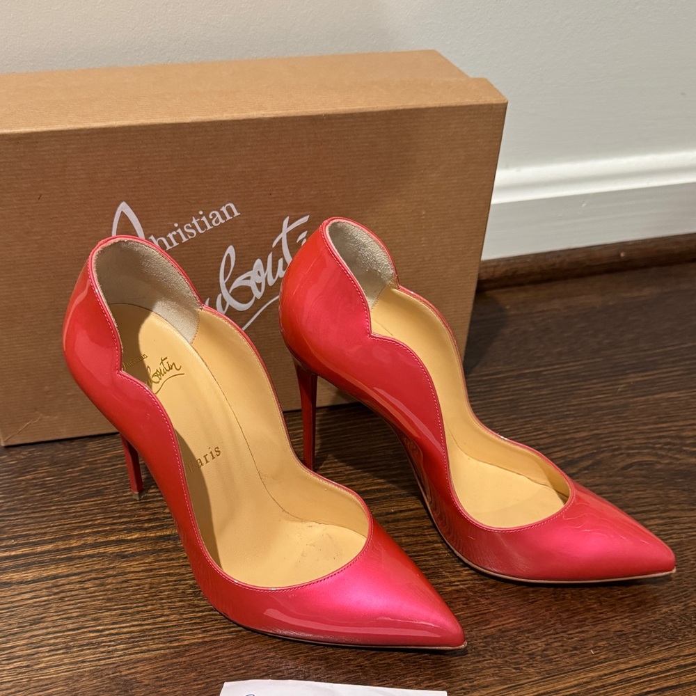 Christian Louboutin Hot Chick 100 Patent Fluo Metal Florida Pink Heel Pump 37